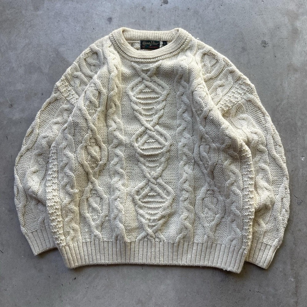 Vintage 80s River View 100% Wool Irish Cable Knit Fisherman Aran Sweater Size L